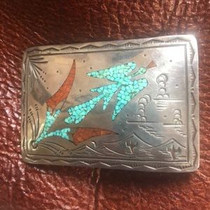 🌵Vintage Handmade Turquoise & Coral Belt Buckle🌵